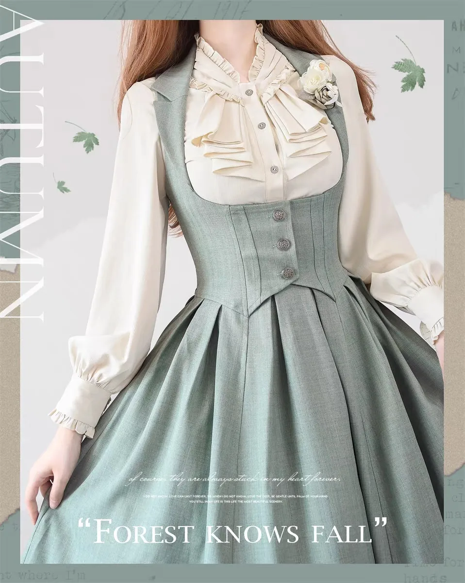 Forest Wardrobe Spring Autumn Classic Lolita Bustier Dress Vintage Elegant Style High Waist A Line Long Sleeve One Piece Dress