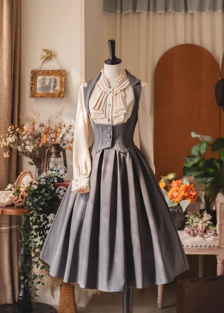 Forest Wardrobe Spring Autumn Classic Lolita Bustier Dress Vintage Elegant Style High Waist A Line Long Sleeve One Piece Dress