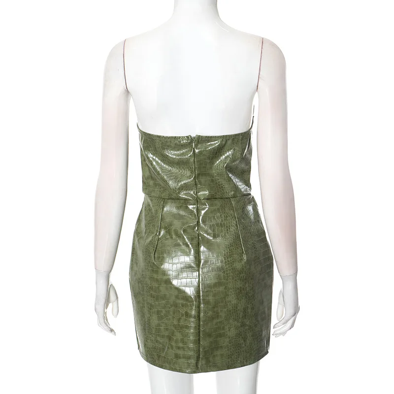 Sexy Leather Red Short Dress Women's Strapless Luxury Mini Curvy Dresses Evening Party Brown 2025 Summer Y2K New Cocktail Club