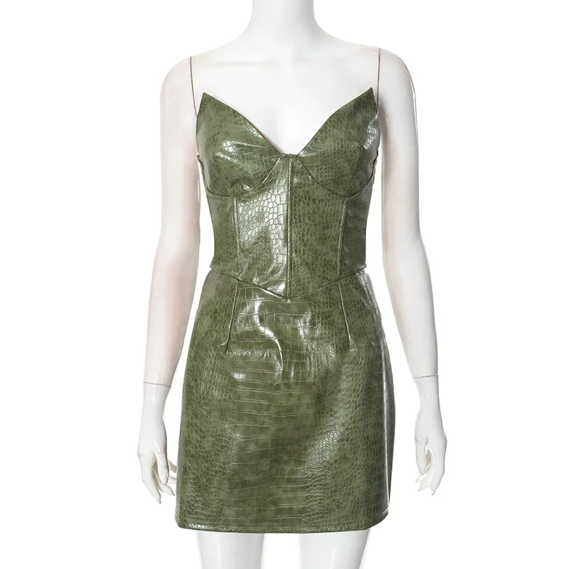 Sexy Leather Red Short Dress Women's Strapless Luxury Mini Curvy Dresses Evening Party Brown 2025 Summer Y2K New Cocktail Club