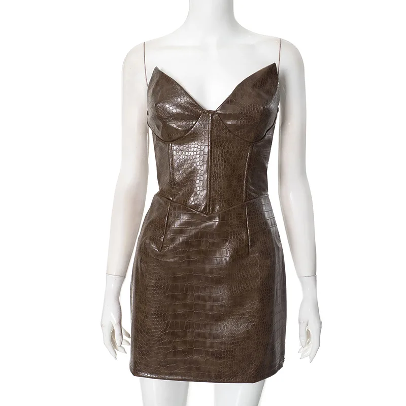 Sexy Leather Red Short Dress Women's Strapless Luxury Mini Curvy Dresses Evening Party Brown 2025 Summer Y2K New Cocktail Club