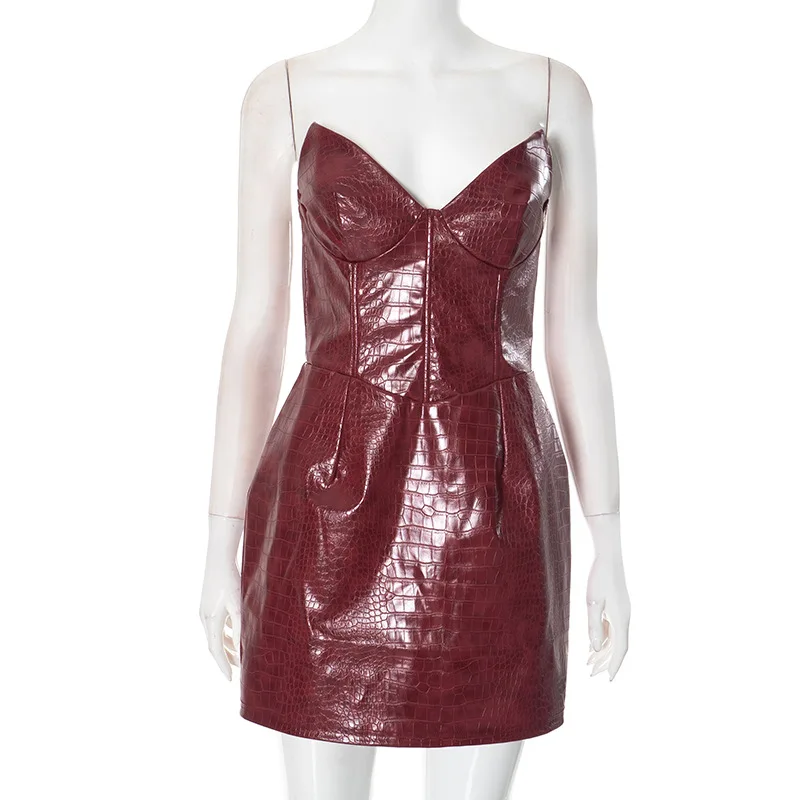 Sexy Leather Red Short Dress Women's Strapless Luxury Mini Curvy Dresses Evening Party Brown 2025 Summer Y2K New Cocktail Club