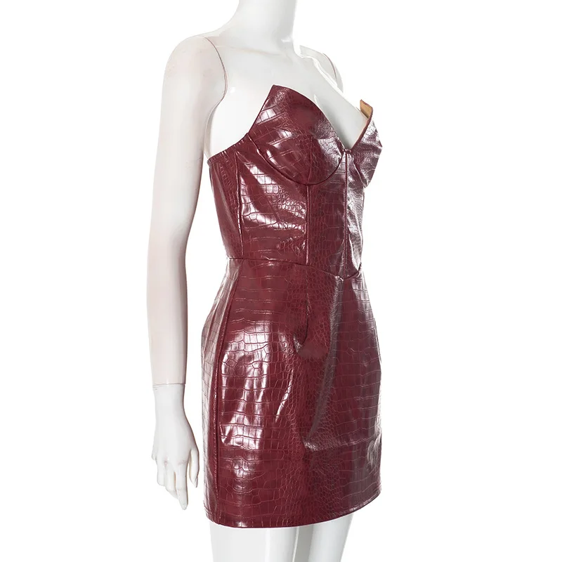 Sexy Leather Red Short Dress Women's Strapless Luxury Mini Curvy Dresses Evening Party Brown 2025 Summer Y2K New Cocktail Club