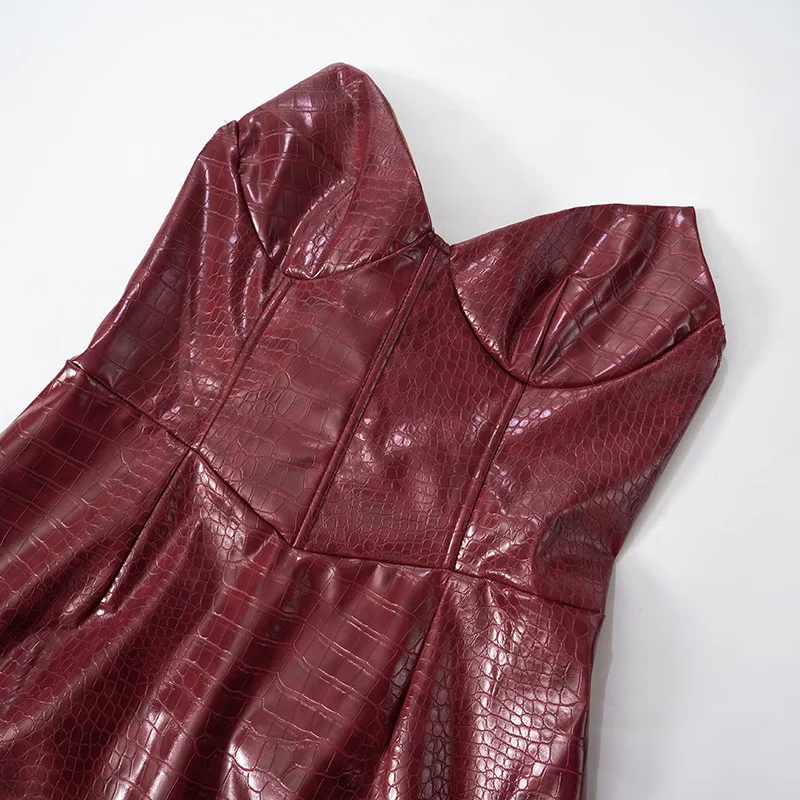 Sexy Leather Red Short Dress Women's Strapless Luxury Mini Curvy Dresses Evening Party Brown 2025 Summer Y2K New Cocktail Club
