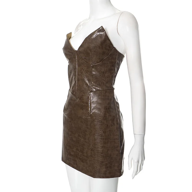 Sexy Leather Red Short Dress Women's Strapless Luxury Mini Curvy Dresses Evening Party Brown 2025 Summer Y2K New Cocktail Club