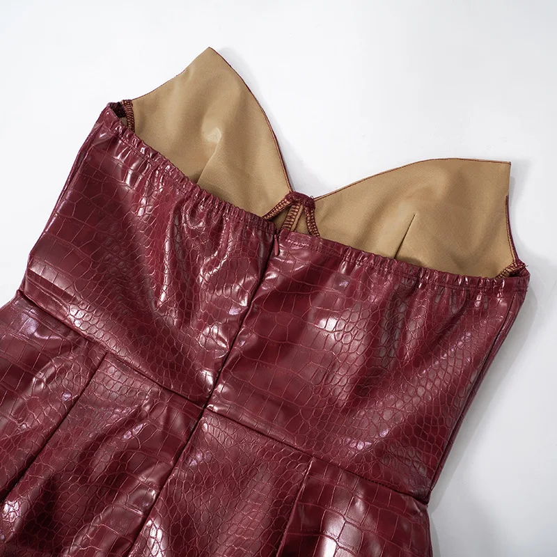 Sexy Leather Red Short Dress Women's Strapless Luxury Mini Curvy Dresses Evening Party Brown 2025 Summer Y2K New Cocktail Club