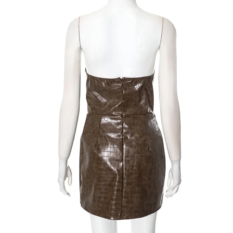 Sexy Leather Red Short Dress Women's Strapless Luxury Mini Curvy Dresses Evening Party Brown 2025 Summer Y2K New Cocktail Club