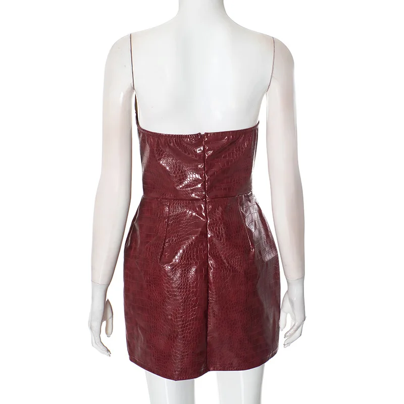 Sexy Leather Red Short Dress Women's Strapless Luxury Mini Curvy Dresses Evening Party Brown 2025 Summer Y2K New Cocktail Club