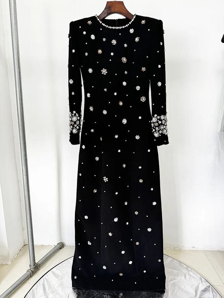 HIGH STREET Newest Fashion 2026 Designer Party Vestido Women's Formal Long Sleeve Luxurious Beaded Long Maxi Dress
