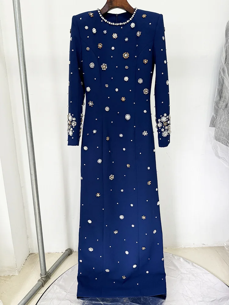 HIGH STREET Newest Fashion 2026 Designer Party Vestido Women's Formal Long Sleeve Luxurious Beaded Long Maxi Dress
