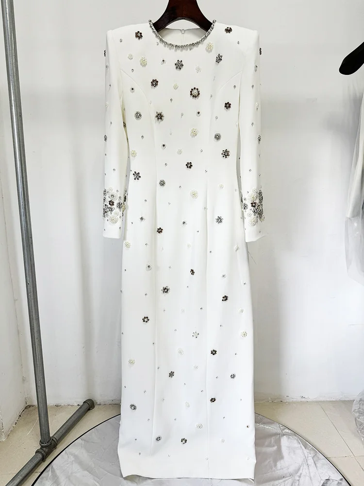 HIGH STREET Newest Fashion 2026 Designer Party Vestido Women's Formal Long Sleeve Luxurious Beaded Long Maxi Dress