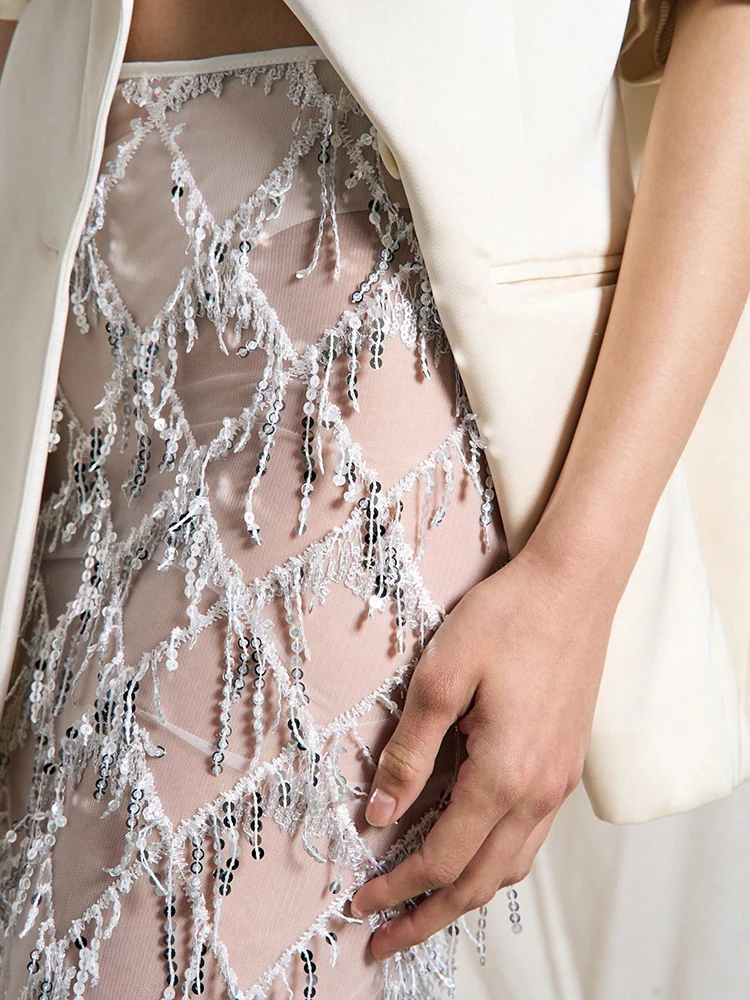 Fashion Glitter Solid Side Split Skirt Sexy Hollow Out Tassel Sequins Half Skirt Hot Girl See-through Slim Cocktail Party Skirts