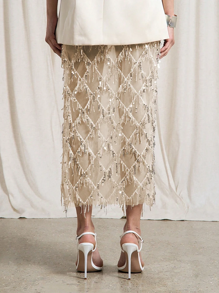Fashion Glitter Solid Side Split Skirt Sexy Hollow Out Tassel Sequins Half Skirt Hot Girl See-through Slim Cocktail Party Skirts