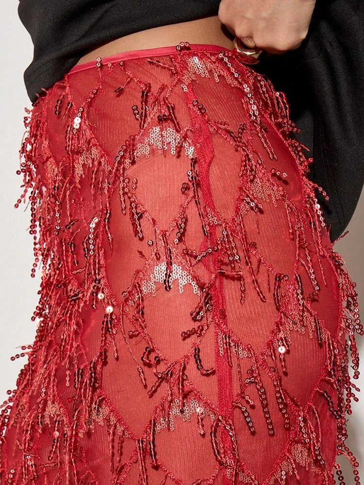 Fashion Glitter Solid Side Split Skirt Sexy Hollow Out Tassel Sequins Half Skirt Hot Girl See-through Slim Cocktail Party Skirts