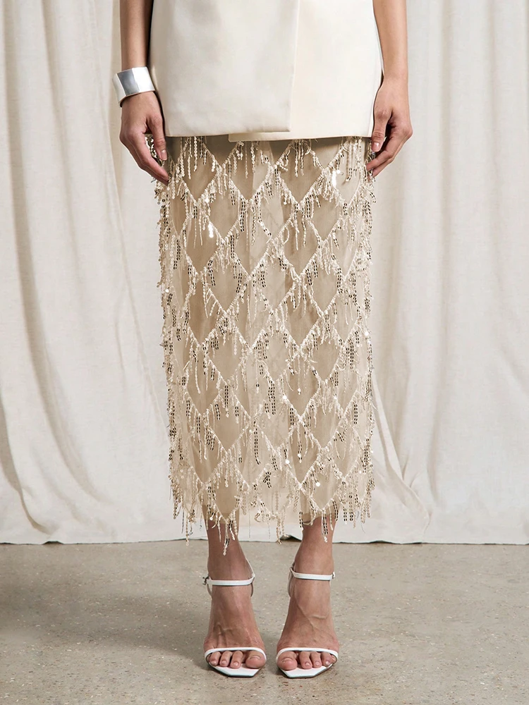 Fashion Glitter Solid Side Split Skirt Sexy Hollow Out Tassel Sequins Half Skirt Hot Girl See-through Slim Cocktail Party Skirts