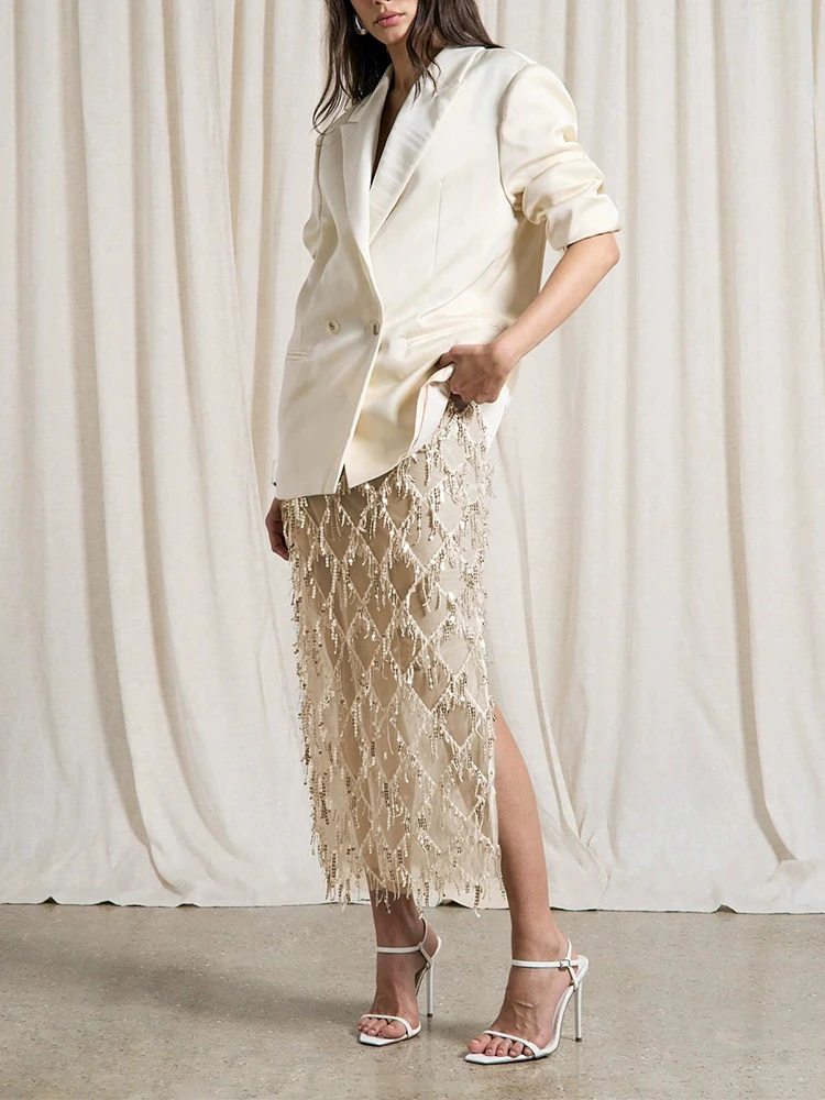 Fashion Glitter Solid Side Split Skirt Sexy Hollow Out Tassel Sequins Half Skirt Hot Girl See-through Slim Cocktail Party Skirts
