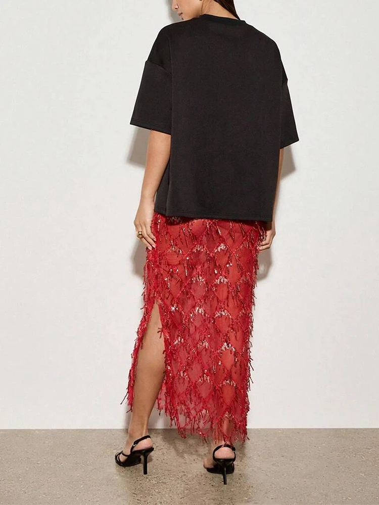 Fashion Glitter Solid Side Split Skirt Sexy Hollow Out Tassel Sequins Half Skirt Hot Girl See-through Slim Cocktail Party Skirts