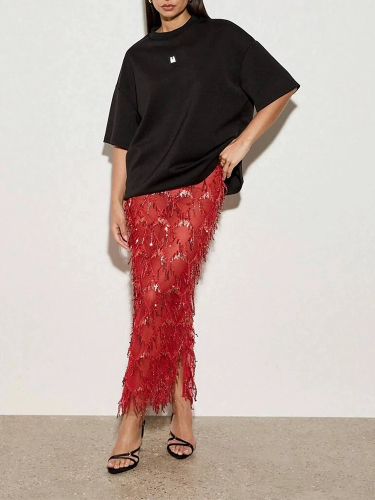 Fashion Glitter Solid Side Split Skirt Sexy Hollow Out Tassel Sequins Half Skirt Hot Girl See-through Slim Cocktail Party Skirts