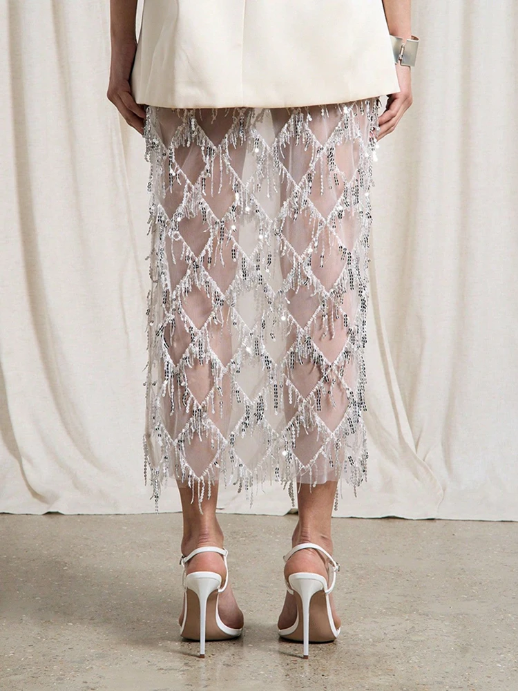 Fashion Glitter Solid Side Split Skirt Sexy Hollow Out Tassel Sequins Half Skirt Hot Girl See-through Slim Cocktail Party Skirts