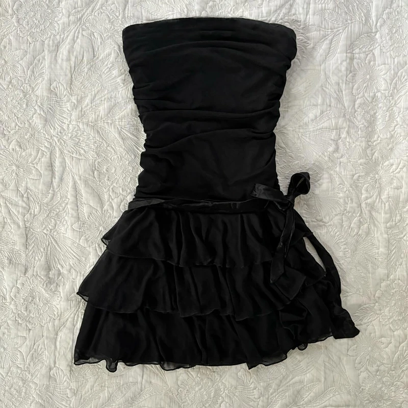 Y2K Women's dress cute solid color retro lace streetwear Harajuku aesthetic sweet bow summer new fashion casual Strapless dressr