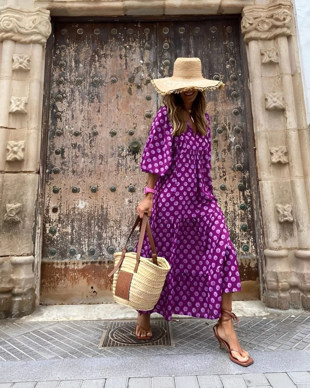 Ladies' Floral Print Bohemian Vacation Long Sleeve Thin Dress Harajuku Loose V-Neck Fashion Summer Beach Comfy Dress