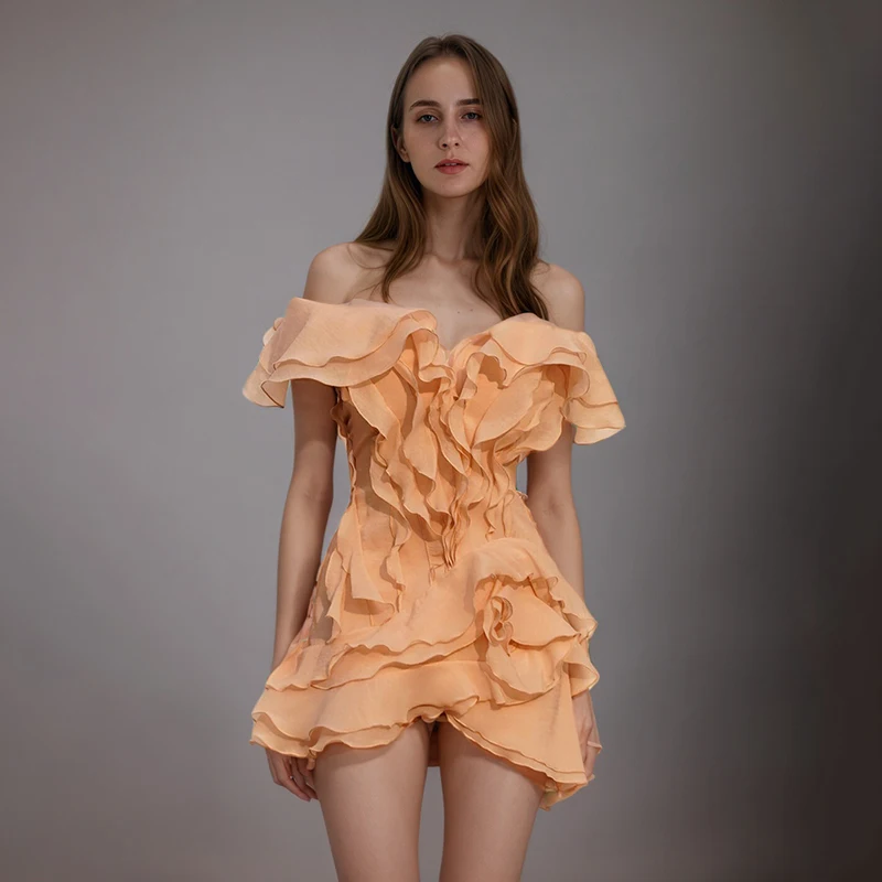 DEAT Fashion Petal Ruffles Edge Off Shoulder Dress Women's V-neck Sleeveless High Waist Irregular Mini Dresses Summer 7AB9438