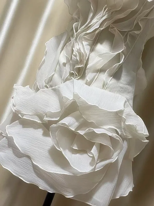 DEAT Fashion Petal Ruffles Edge Off Shoulder Dress Women's V-neck Sleeveless High Waist Irregular Mini Dresses Summer 7AB9438