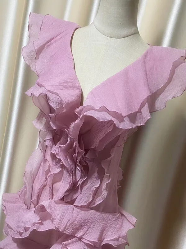 DEAT Fashion Petal Ruffles Edge Off Shoulder Dress Women's V-neck Sleeveless High Waist Irregular Mini Dresses Summer 7AB9438