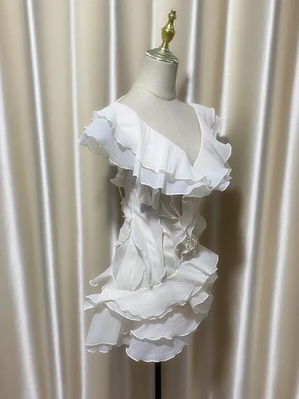 DEAT Fashion Petal Ruffles Edge Off Shoulder Dress Women's V-neck Sleeveless High Waist Irregular Mini Dresses Summer 7AB9438