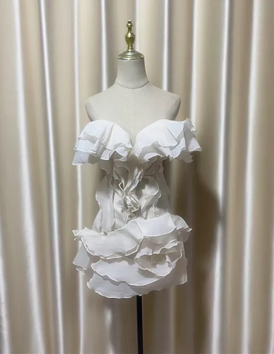DEAT Fashion Petal Ruffles Edge Off Shoulder Dress Women's V-neck Sleeveless High Waist Irregular Mini Dresses Summer 7AB9438