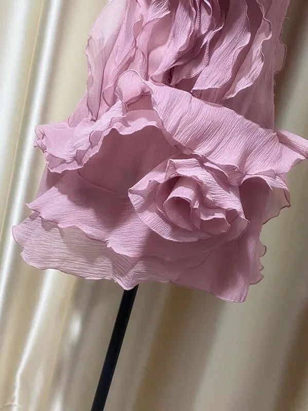 DEAT Fashion Petal Ruffles Edge Off Shoulder Dress Women's V-neck Sleeveless High Waist Irregular Mini Dresses Summer 7AB9438