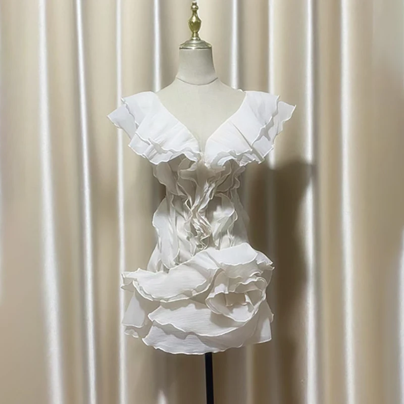 DEAT Fashion Petal Ruffles Edge Off Shoulder Dress Women's V-neck Sleeveless High Waist Irregular Mini Dresses Summer 7AB9438