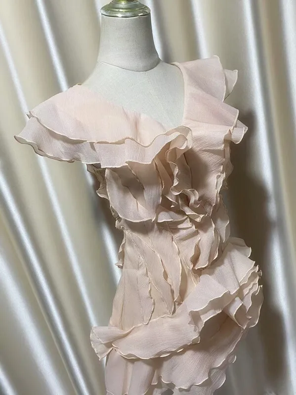 DEAT Fashion Petal Ruffles Edge Off Shoulder Dress Women's V-neck Sleeveless High Waist Irregular Mini Dresses Summer 7AB9438
