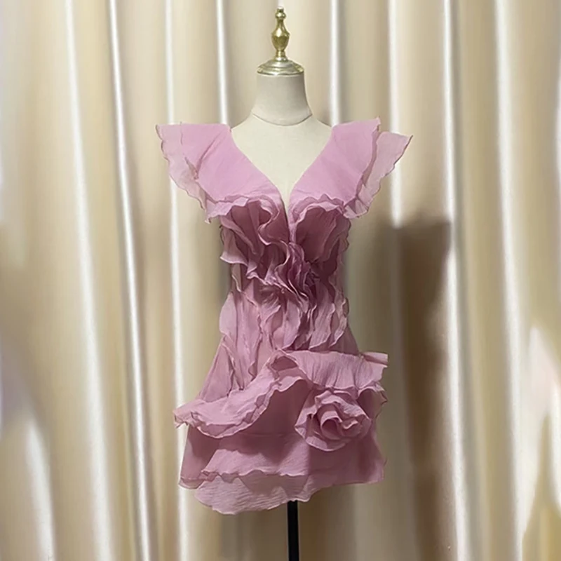 DEAT Fashion Petal Ruffles Edge Off Shoulder Dress Women's V-neck Sleeveless High Waist Irregular Mini Dresses Summer 7AB9438