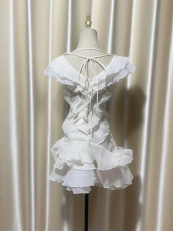 DEAT Fashion Petal Ruffles Edge Off Shoulder Dress Women's V-neck Sleeveless High Waist Irregular Mini Dresses Summer 7AB9438