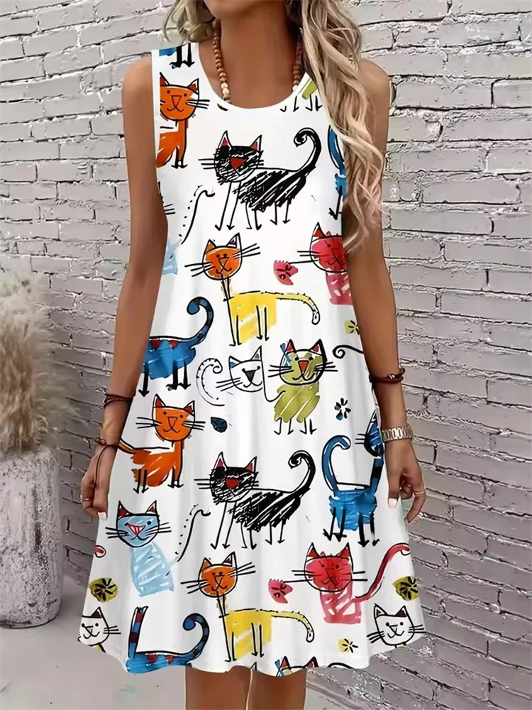 Women's Sleeveless A-Line Dress Fashion Sweet Graffiti Lions Zebras Elephants Vibrant Animal Print Dresses Y2k Woman Clothing