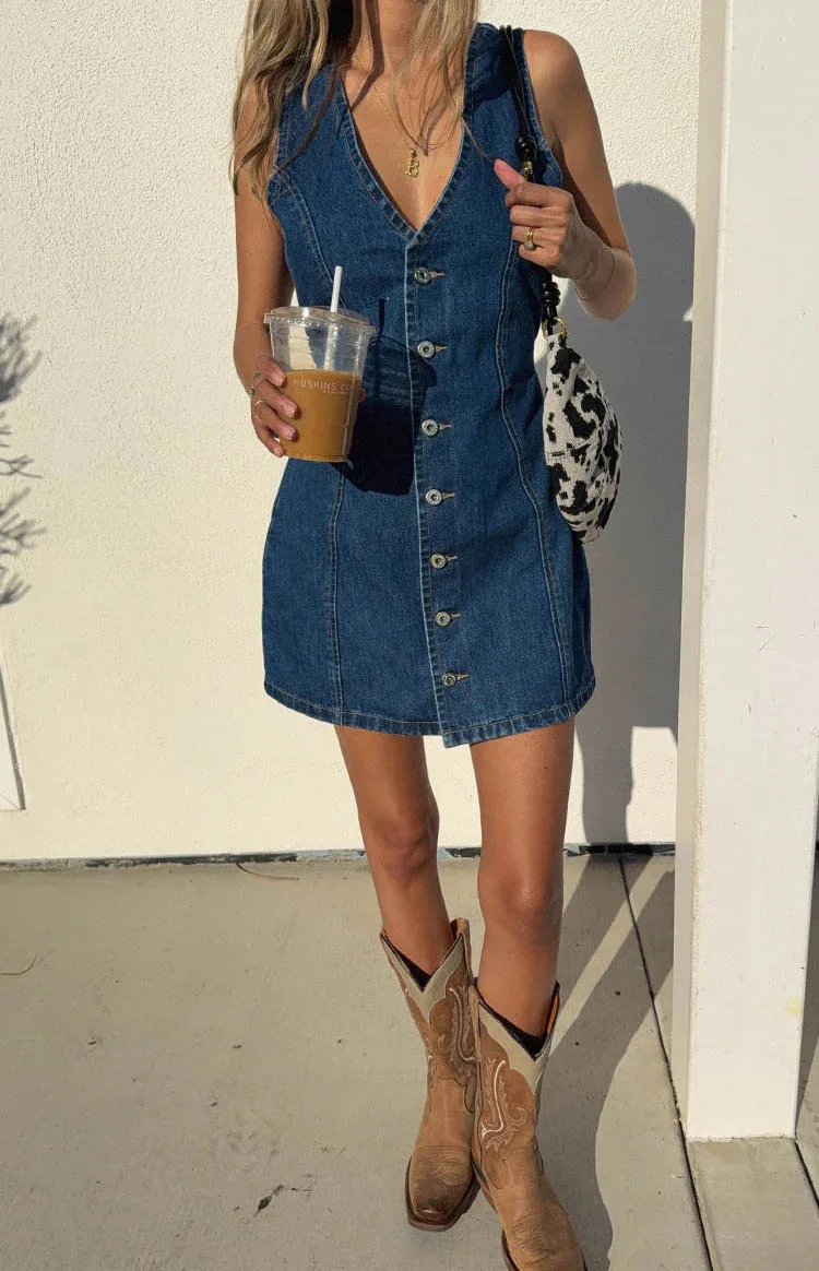 Denim Dress Women Mid Length Dresses Vest Vestidos Y2k Streetwear Elegant Splice Party Night Work V Neck Sleeveless Tight Waist