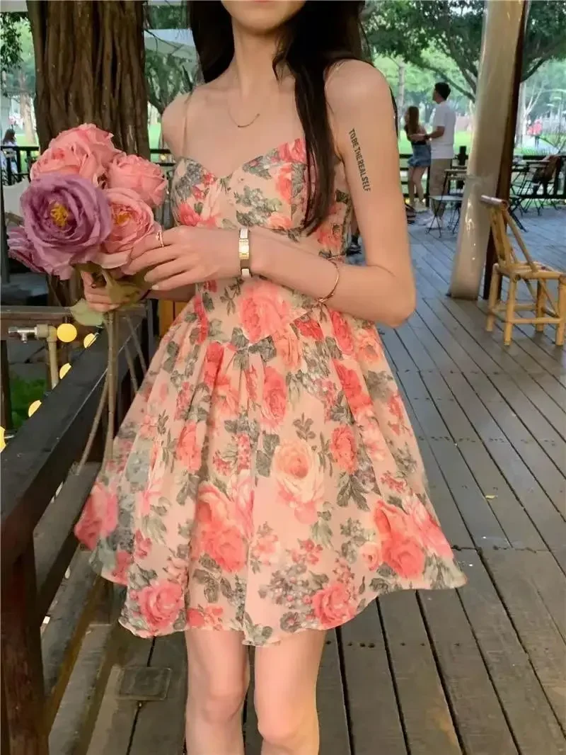 Elegant High-waisted Slimming Floral Tank Dress For Women Spring Summer French Style Petite Mini Dress A- line Sleeveless