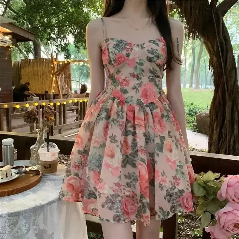Elegant High-waisted Slimming Floral Tank Dress For Women Spring Summer French Style Petite Mini Dress A- line Sleeveless