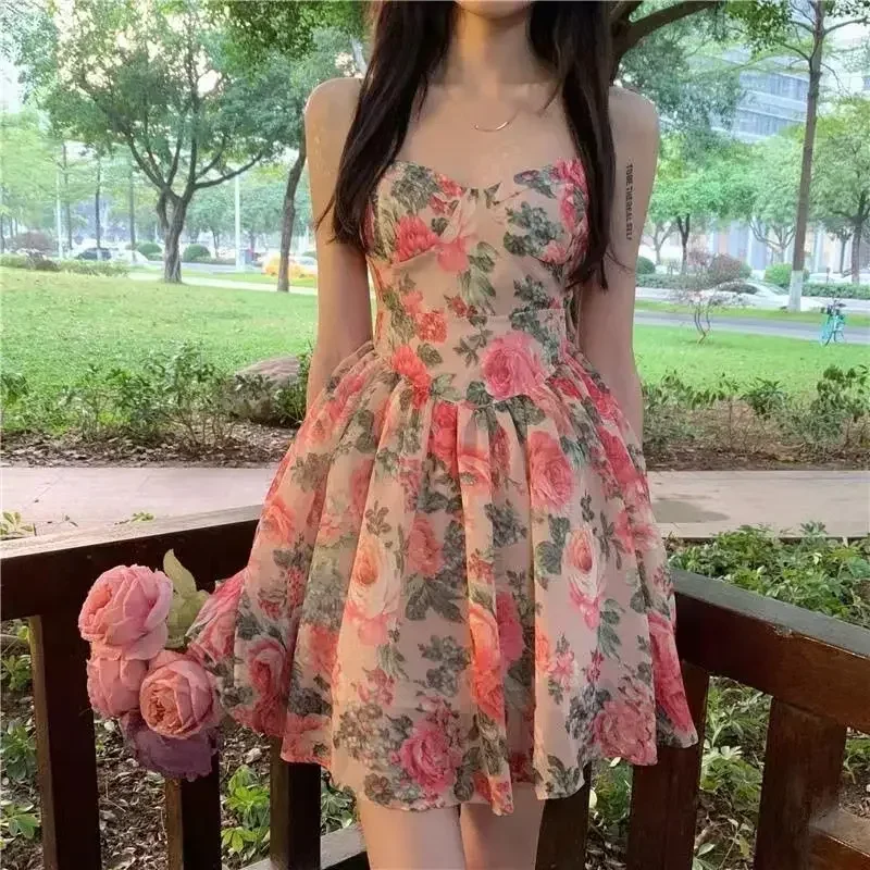 Elegant High-waisted Slimming Floral Tank Dress For Women Spring Summer French Style Petite Mini Dress A- line Sleeveless