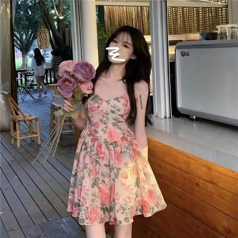 Elegant High-waisted Slimming Floral Tank Dress For Women Spring Summer French Style Petite Mini Dress A- line Sleeveless