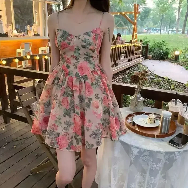 Elegant High-waisted Slimming Floral Tank Dress For Women Spring Summer French Style Petite Mini Dress A- line Sleeveless
