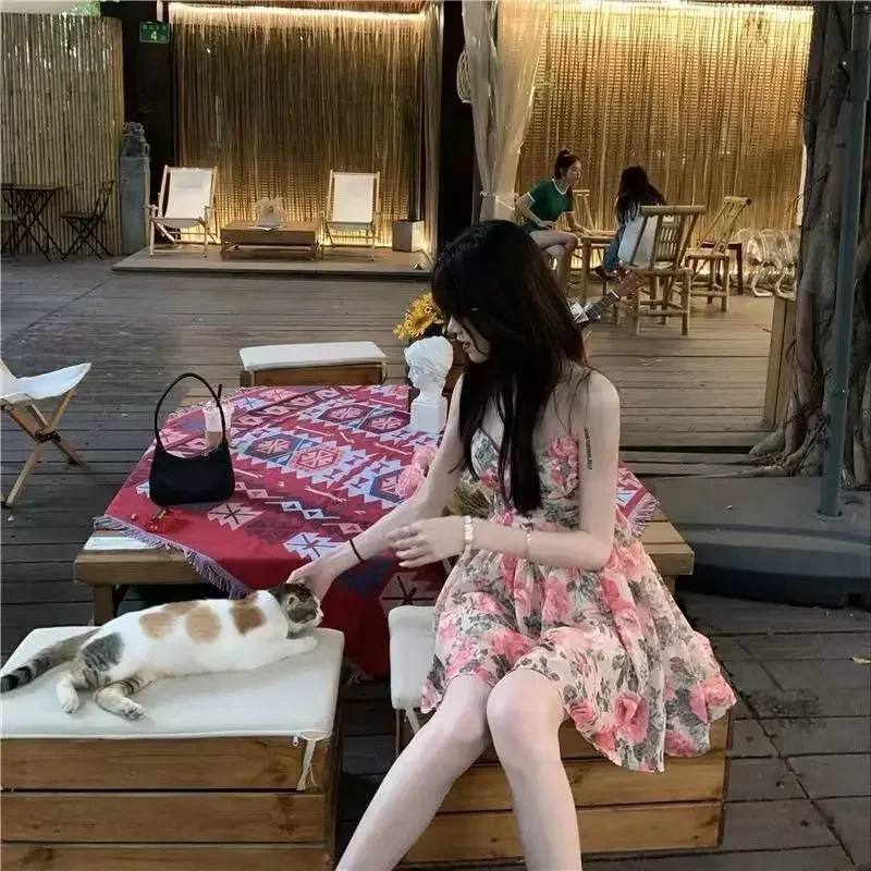 Elegant High-waisted Slimming Floral Tank Dress For Women Spring Summer French Style Petite Mini Dress A- line Sleeveless