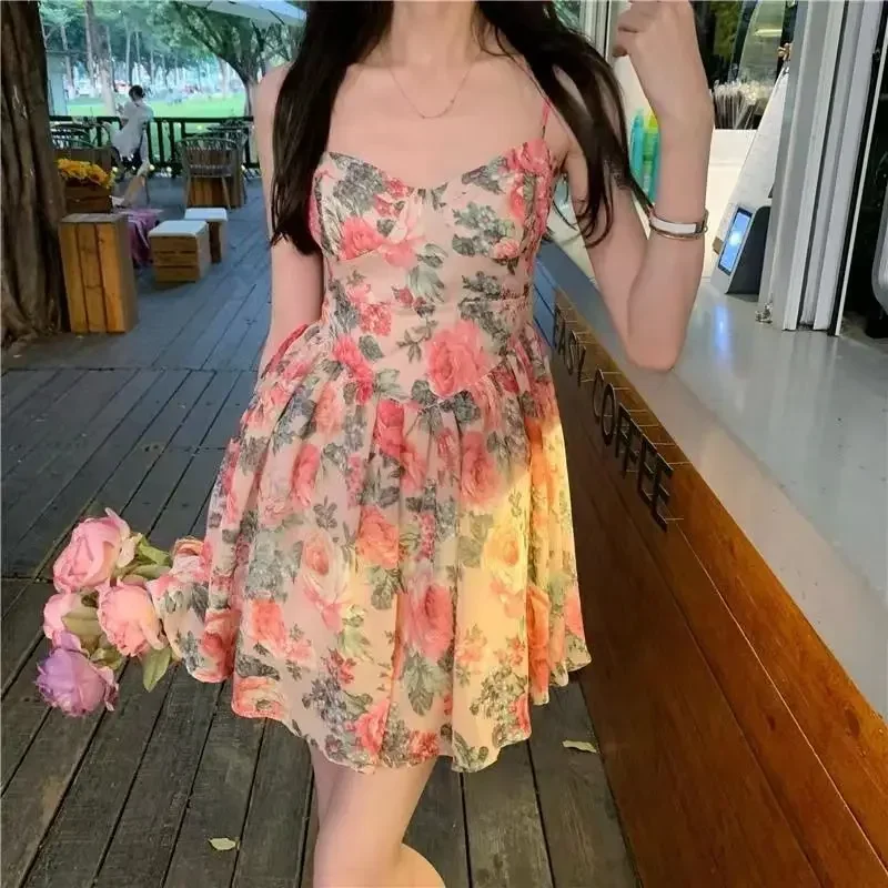 Elegant High-waisted Slimming Floral Tank Dress For Women Spring Summer French Style Petite Mini Dress A- line Sleeveless