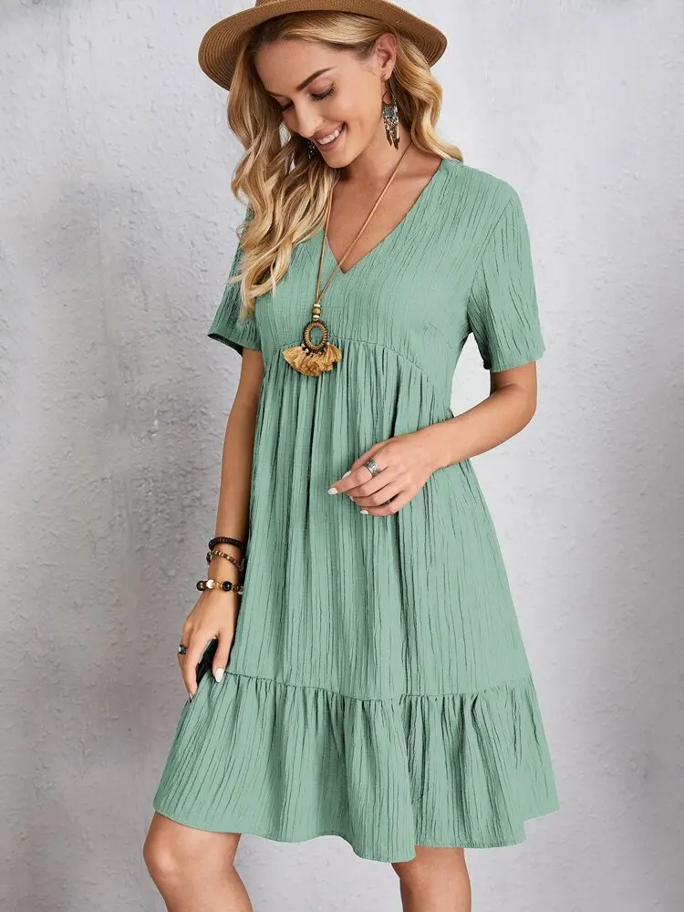 Women Elegant Short Sleeve V Neck Ruffles Dress Summer Casual Solid Loose Mini Dress Chic Bohemian Sundress Beach Party Vestidos
