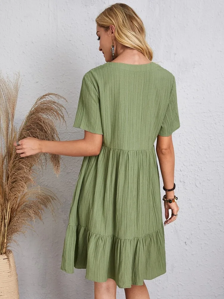 Women Elegant Short Sleeve V Neck Ruffles Dress Summer Casual Solid Loose Mini Dress Chic Bohemian Sundress Beach Party Vestidos