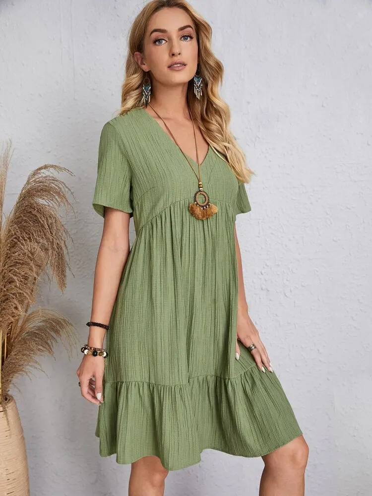 Women Elegant Short Sleeve V Neck Ruffles Dress Summer Casual Solid Loose Mini Dress Chic Bohemian Sundress Beach Party Vestidos