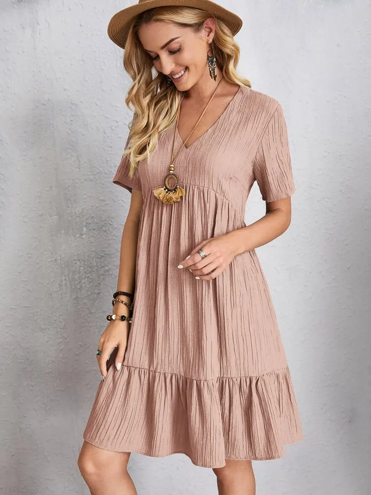 Women Elegant Short Sleeve V Neck Ruffles Dress Summer Casual Solid Loose Mini Dress Chic Bohemian Sundress Beach Party Vestidos
