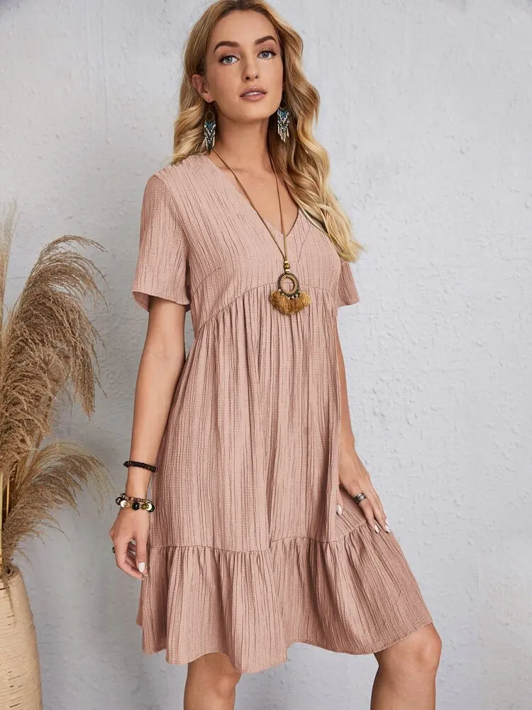 Women Elegant Short Sleeve V Neck Ruffles Dress Summer Casual Solid Loose Mini Dress Chic Bohemian Sundress Beach Party Vestidos