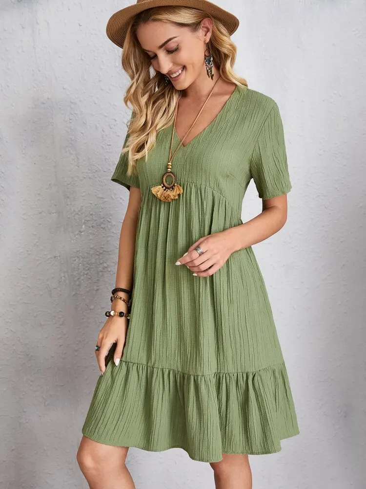 Women Elegant Short Sleeve V Neck Ruffles Dress Summer Casual Solid Loose Mini Dress Chic Bohemian Sundress Beach Party Vestidos